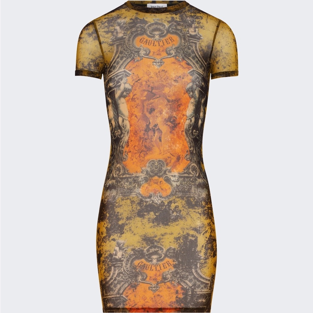 JEAN PAUL GAULTIER MESH SHORT DRESS KHAKI MÉDAILLON PRINT